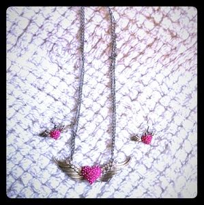 Angel wing/heart necklace and earrings
